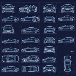 An extensive collection of twenty detailed blueprint-style sketches displaying car bodies from multiple angles: front, back, right, left, up, down, and bottom