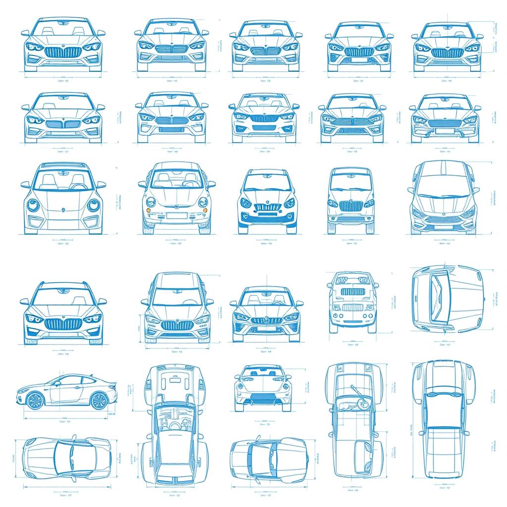 An extensive collection of twenty detailed blueprint-style sketches displaying car bodies from multiple angles: front, back, right, left, up, down, and bottom