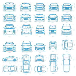 An extensive collection of twenty detailed blueprint-style sketches displaying car bodies from multiple angles: front, back, right, left, up, down, and bottom