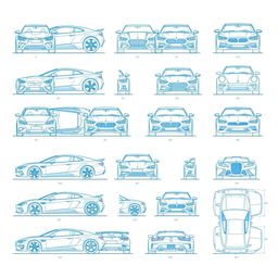 An extensive collection of twenty detailed blueprint-style sketches displaying car bodies from multiple angles: front, back, right, left, up, down, and bottom