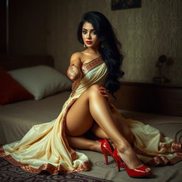 An intimate portrayal of an Assamese woman with sexy legs and alluring curves, depicted in a private setting