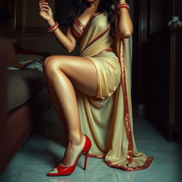 An intimate portrayal of an Assamese woman with sexy legs and alluring curves, depicted in a private setting