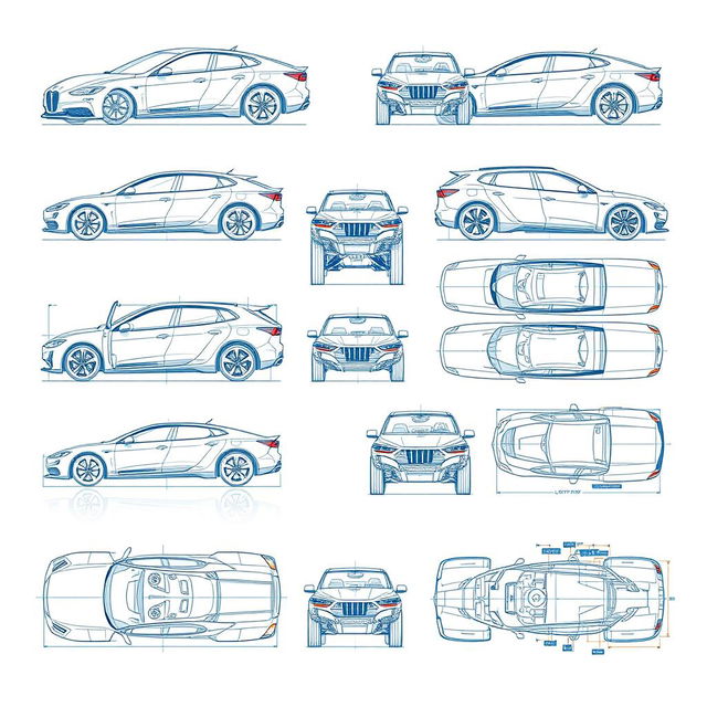 A diverse collection of thirty detailed blueprint-style drawings featuring car bodies from multiple views: front, back, right, left, up, down, and bottom