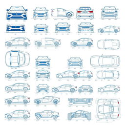 A diverse collection of thirty detailed blueprint-style drawings featuring car bodies from multiple views: front, back, right, left, up, down, and bottom