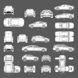 A diverse collection of thirty detailed blueprint-style drawings featuring car bodies from multiple views: front, back, right, left, up, down, and bottom