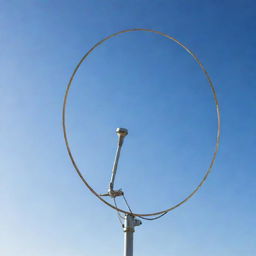 A detailed portrayal of a loop antenna, with its distinctive circular structure and metallic texture reflecting light. It's set against a clear sky highlighting its significance in signal transmission.