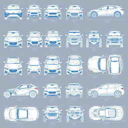 A diverse collection of thirty detailed blueprint-style drawings featuring car bodies from multiple views: front, back, right, left, up, down, and bottom