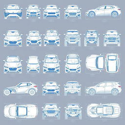 A diverse collection of thirty detailed blueprint-style drawings featuring car bodies from multiple views: front, back, right, left, up, down, and bottom