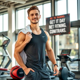 a young man in his mid-20s with a fit and athletic build, wearing a sleeveless gym shirt and shorts, standing confidently in a modern gym environment