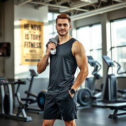 a young man in his mid-20s with a fit and athletic build, wearing a sleeveless gym shirt and shorts, standing confidently in a modern gym environment