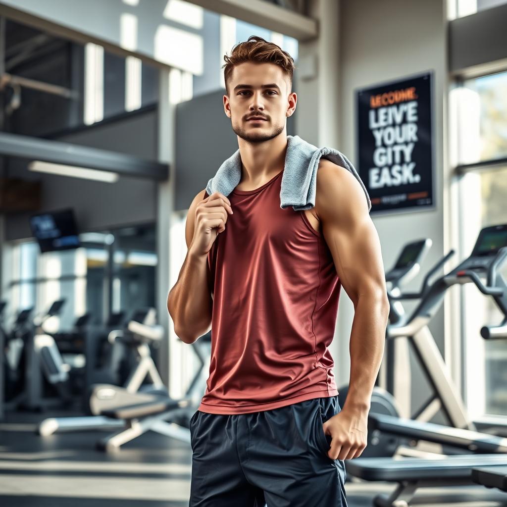 a young man in his mid-20s with a fit and athletic build, wearing a sleeveless gym shirt and shorts, standing confidently in a modern gym environment