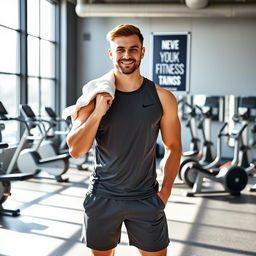 a young man in his mid-20s with a fit and athletic build, wearing a sleeveless gym shirt and shorts, standing confidently in a modern gym environment