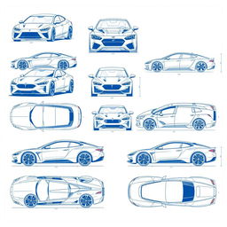 A detailed set of thirty blueprint-style illustrations showcasing car bodies from various angles: front, back, right, left, up, down, and bottom