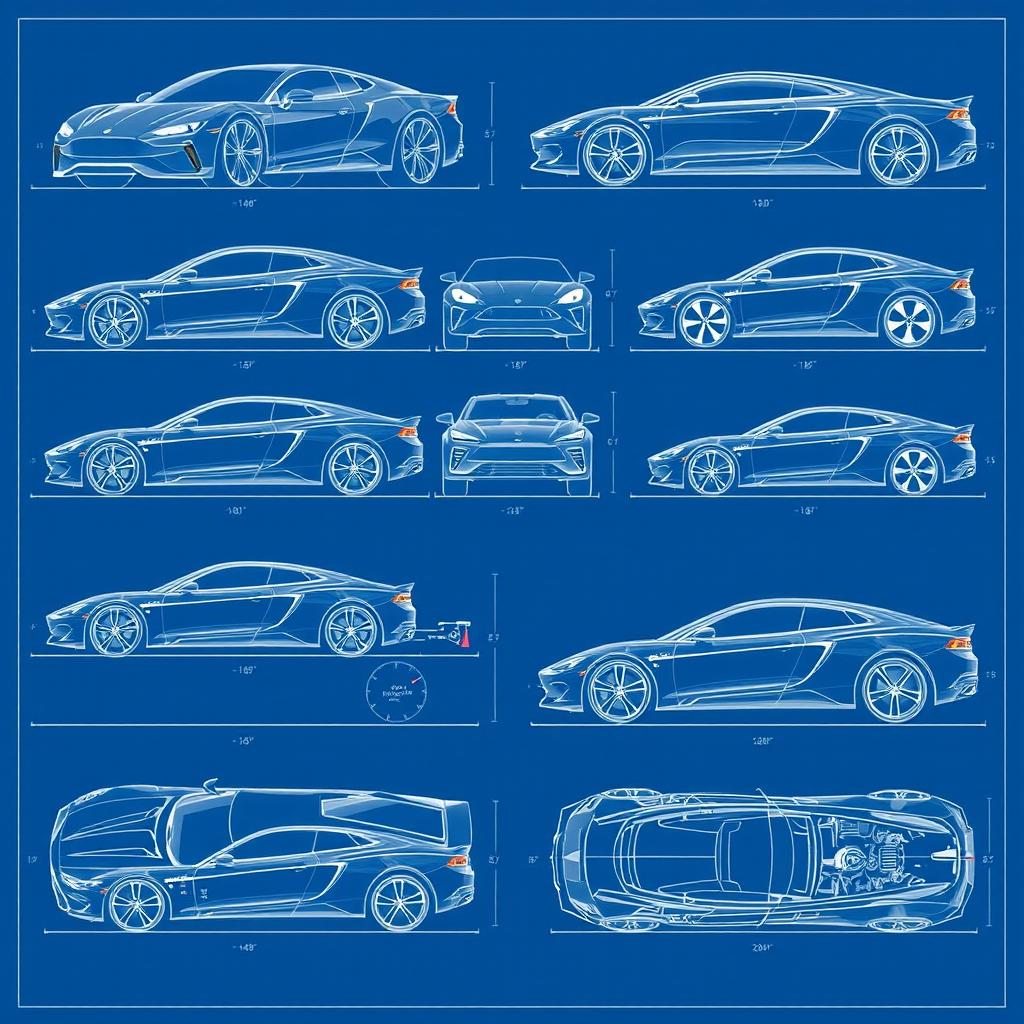 A detailed set of thirty blueprint-style illustrations showcasing car bodies from various angles: front, back, right, left, up, down, and bottom