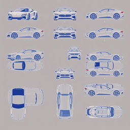 A detailed set of thirty blueprint-style illustrations showcasing car bodies from various angles: front, back, right, left, up, down, and bottom