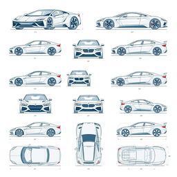 A detailed set of thirty blueprint-style illustrations showcasing car bodies from various angles: front, back, right, left, up, down, and bottom