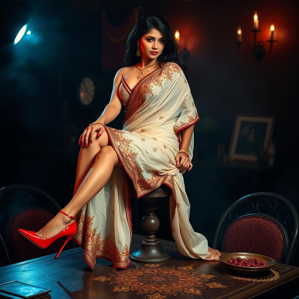 An alluring scene featuring an Assamese teacher with captivating legs and a sensuous figure, poised elegantly on a table