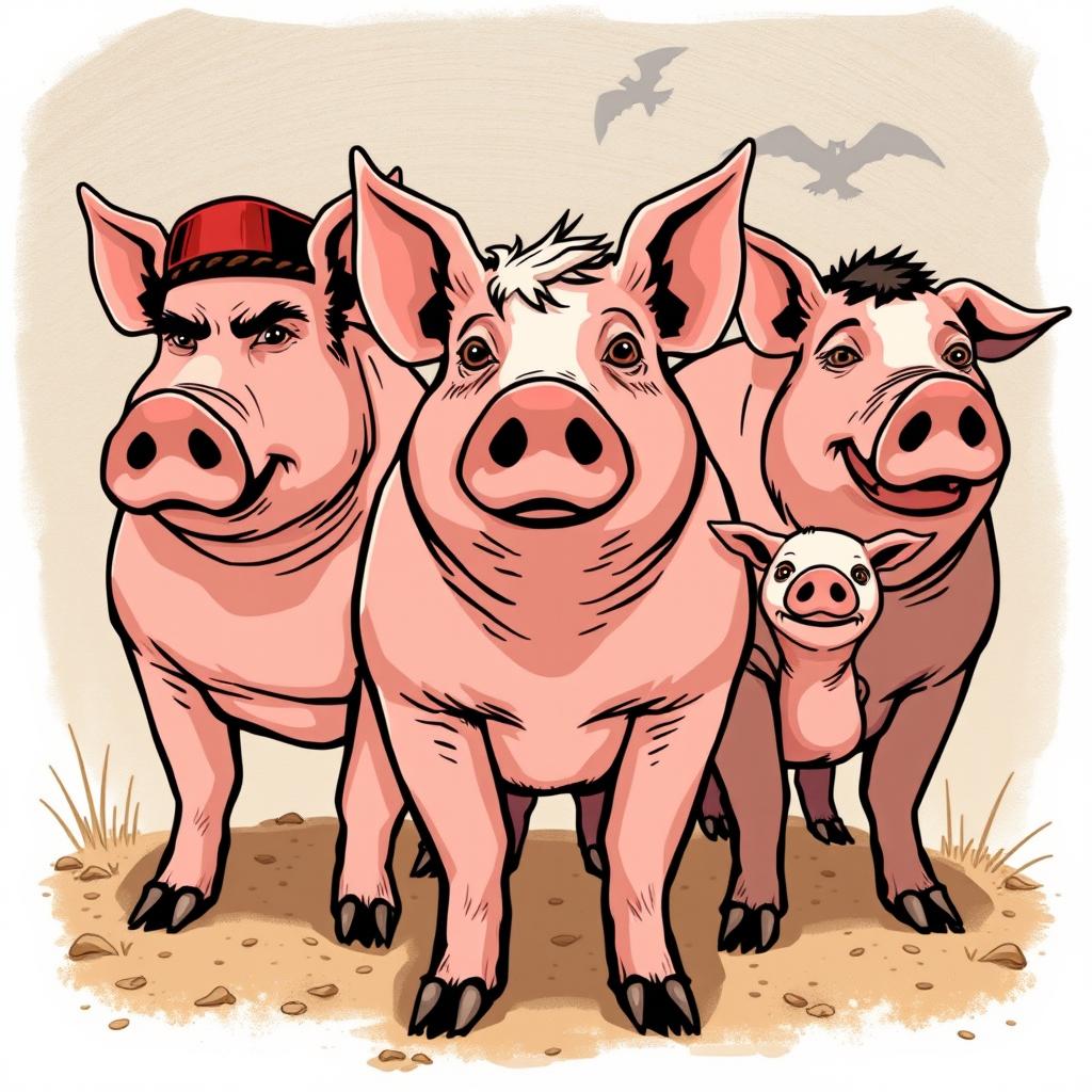 an illustration of the pigs from George Orwell's Animal Farm, each pig characterized with distinct features and expressions to reflect their personalities and roles in the story