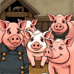 an illustration of the pigs from George Orwell's Animal Farm, each pig characterized with distinct features and expressions to reflect their personalities and roles in the story