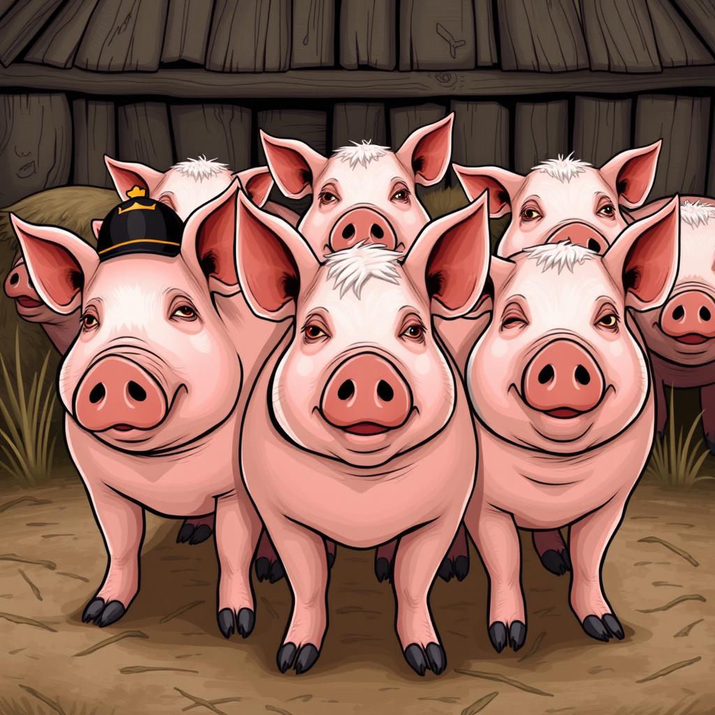 an illustration of the pigs from George Orwell's Animal Farm, each pig characterized with distinct features and expressions to reflect their personalities and roles in the story