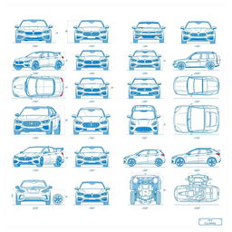 A comprehensive collection of fifty blueprint-style illustrations depicting car bodies from various views: front, back, right, left, up, and down