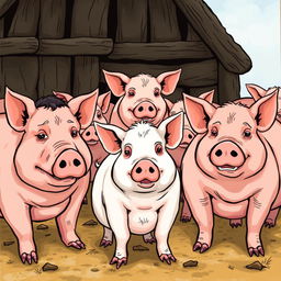 an illustration of the pigs from George Orwell's Animal Farm, each pig characterized with distinct features and expressions to reflect their personalities and roles in the story