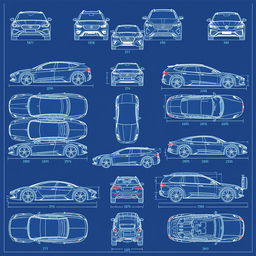 A comprehensive collection of fifty blueprint-style illustrations depicting car bodies from various views: front, back, right, left, up, and down