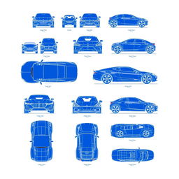 A comprehensive collection of fifty blueprint-style illustrations depicting car bodies from various views: front, back, right, left, up, and down