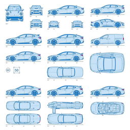 A comprehensive collection of fifty blueprint-style illustrations depicting car bodies from various views: front, back, right, left, up, and down