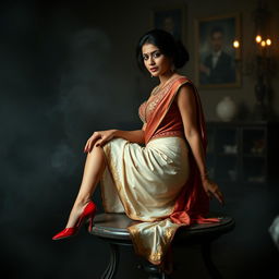 An alluring scene featuring an Assamese teacher with captivating legs and a sensuous figure, poised elegantly on a table