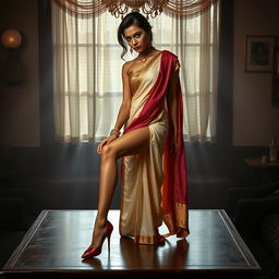 An alluring scene featuring an Assamese teacher with captivating legs and a sensuous figure, poised elegantly on a table