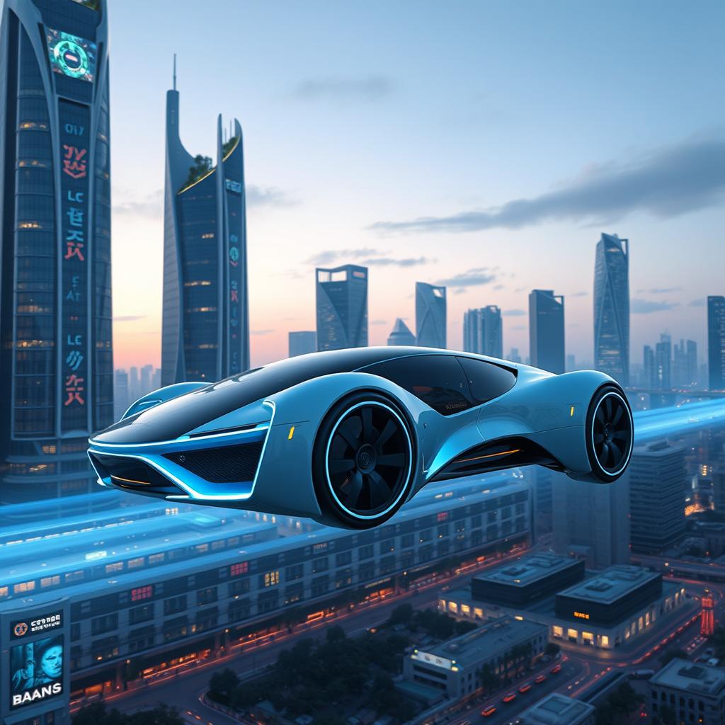 A futuristic hybrid vehicle that resembles both a sleek car and an advanced hovercraft, gliding seamlessly over a dynamic urban landscape