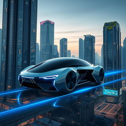 A futuristic hybrid vehicle that resembles both a sleek car and an advanced hovercraft, gliding seamlessly over a dynamic urban landscape