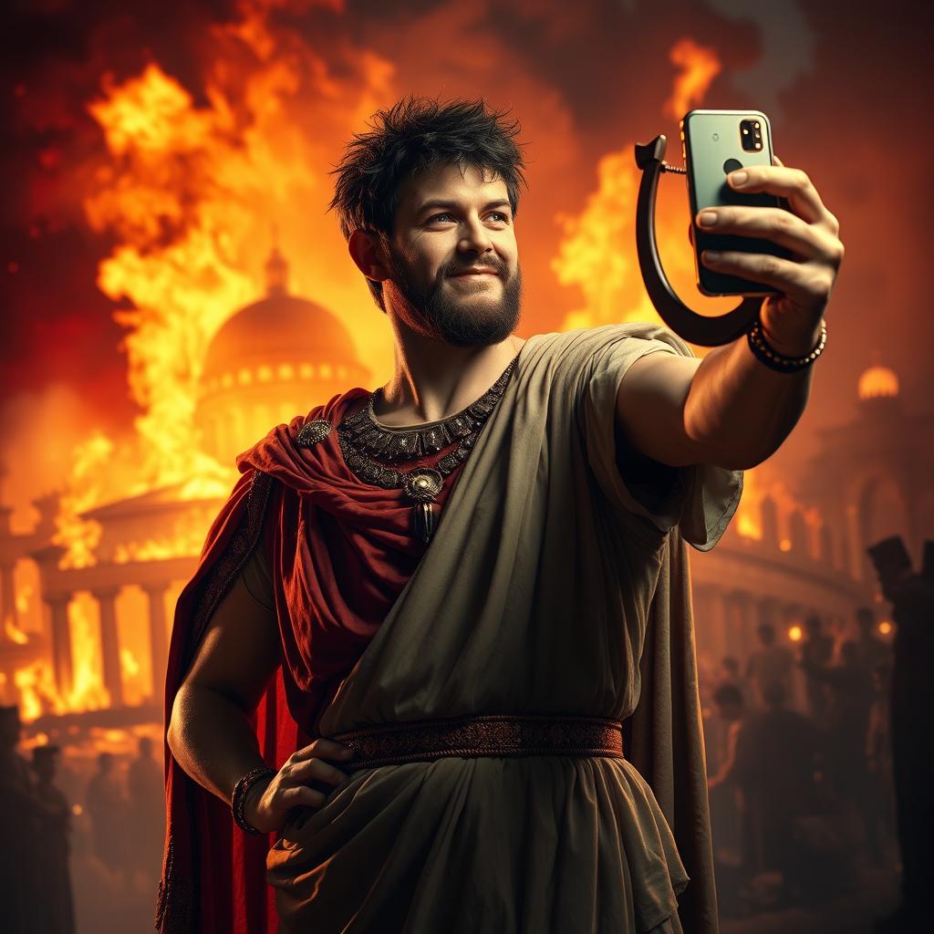 A dramatic and artistic scene depicting Emperor Nero taking a selfie while Rome burns in the background