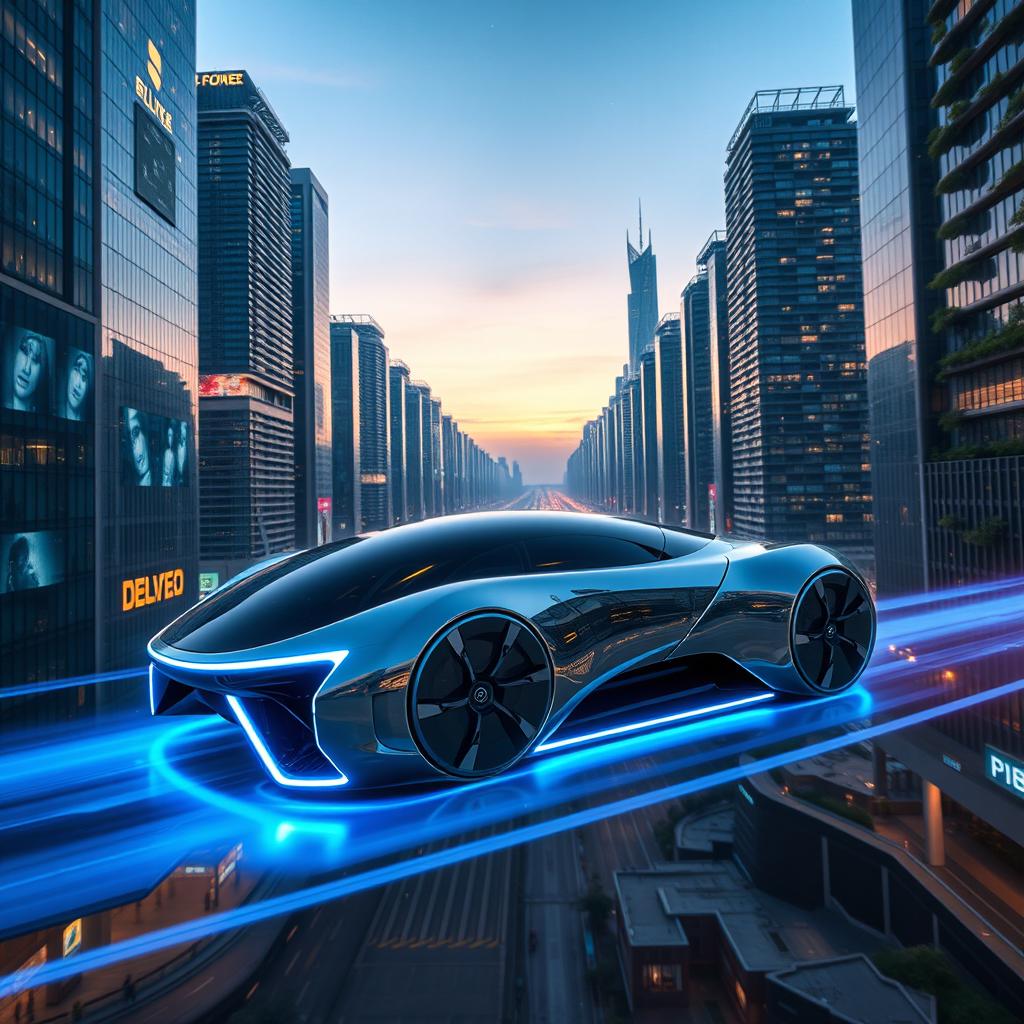 A futuristic hybrid vehicle that resembles both a sleek car and an advanced hovercraft, gliding seamlessly over a dynamic urban landscape