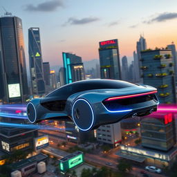 A futuristic hybrid vehicle that resembles both a sleek car and an advanced hovercraft, gliding seamlessly over a dynamic urban landscape