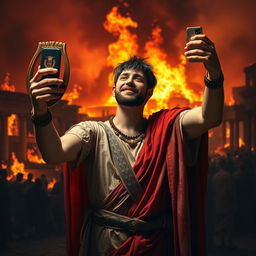 A dramatic and artistic scene depicting Emperor Nero taking a selfie while Rome burns in the background