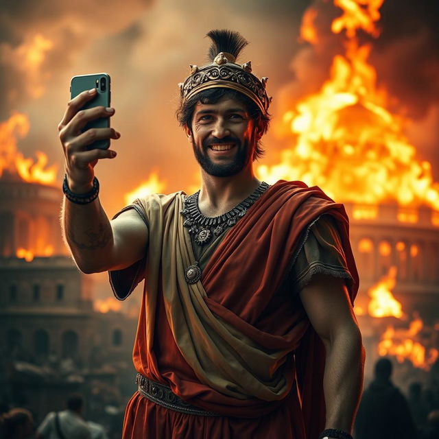 A dramatic and artistic scene depicting Emperor Nero taking a selfie while Rome burns in the background