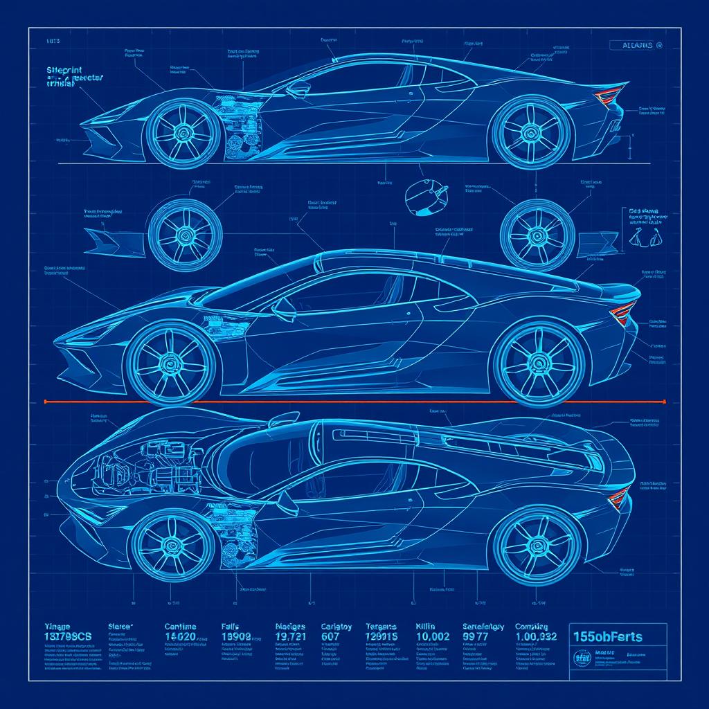 A detailed blueprint of a modern sports car, showcasing its intricate design and technical specifications