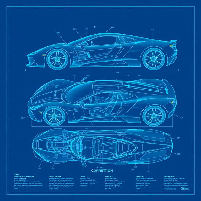 A detailed blueprint of a modern sports car, showcasing its intricate design and technical specifications