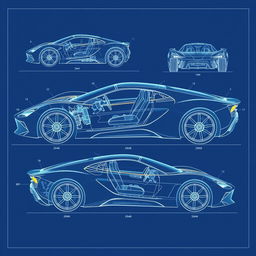 A detailed blueprint of a modern sports car, showcasing its intricate design and technical specifications