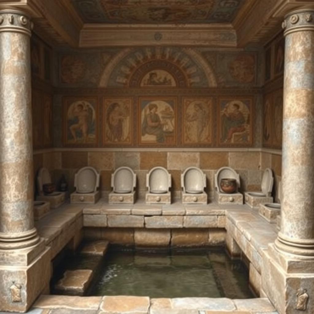 An ancient Roman public toilet showcasing the architectural design and communal nature of the structure