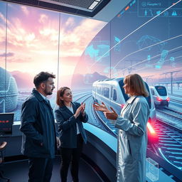 A visionary scene depicting futuristic engineers collaborating on the design of next-generation Russian railways