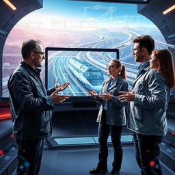 A visionary scene depicting futuristic engineers collaborating on the design of next-generation Russian railways