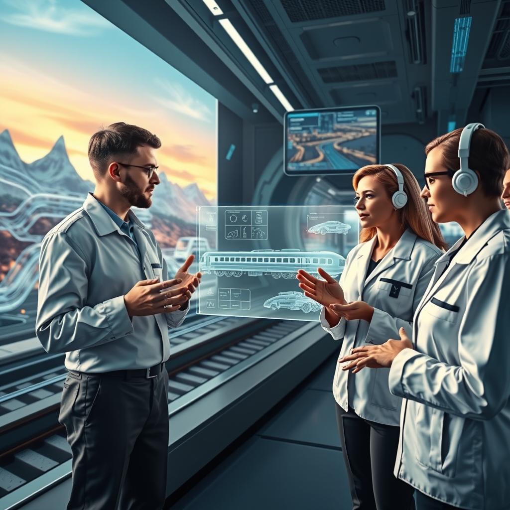 A visionary scene depicting futuristic engineers collaborating on the design of next-generation Russian railways