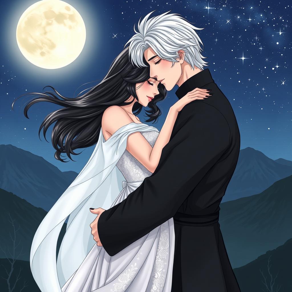 A nighttime scene near the mountains, featuring a woman with flowing black hair and dressed in a shimmering white dress, embracing a man dressed entirely in black with striking silver hair