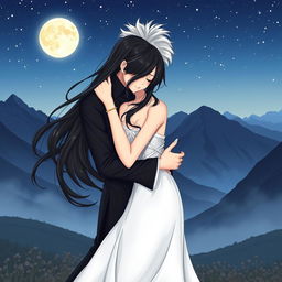 A nighttime scene near the mountains, featuring a woman with flowing black hair and dressed in a shimmering white dress, embracing a man dressed entirely in black with striking silver hair