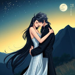 A nighttime scene near the mountains, featuring a woman with flowing black hair and dressed in a shimmering white dress, embracing a man dressed entirely in black with striking silver hair