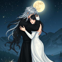 A nighttime scene near the mountains, featuring a woman with flowing black hair and dressed in a shimmering white dress, embracing a man dressed entirely in black with striking silver hair