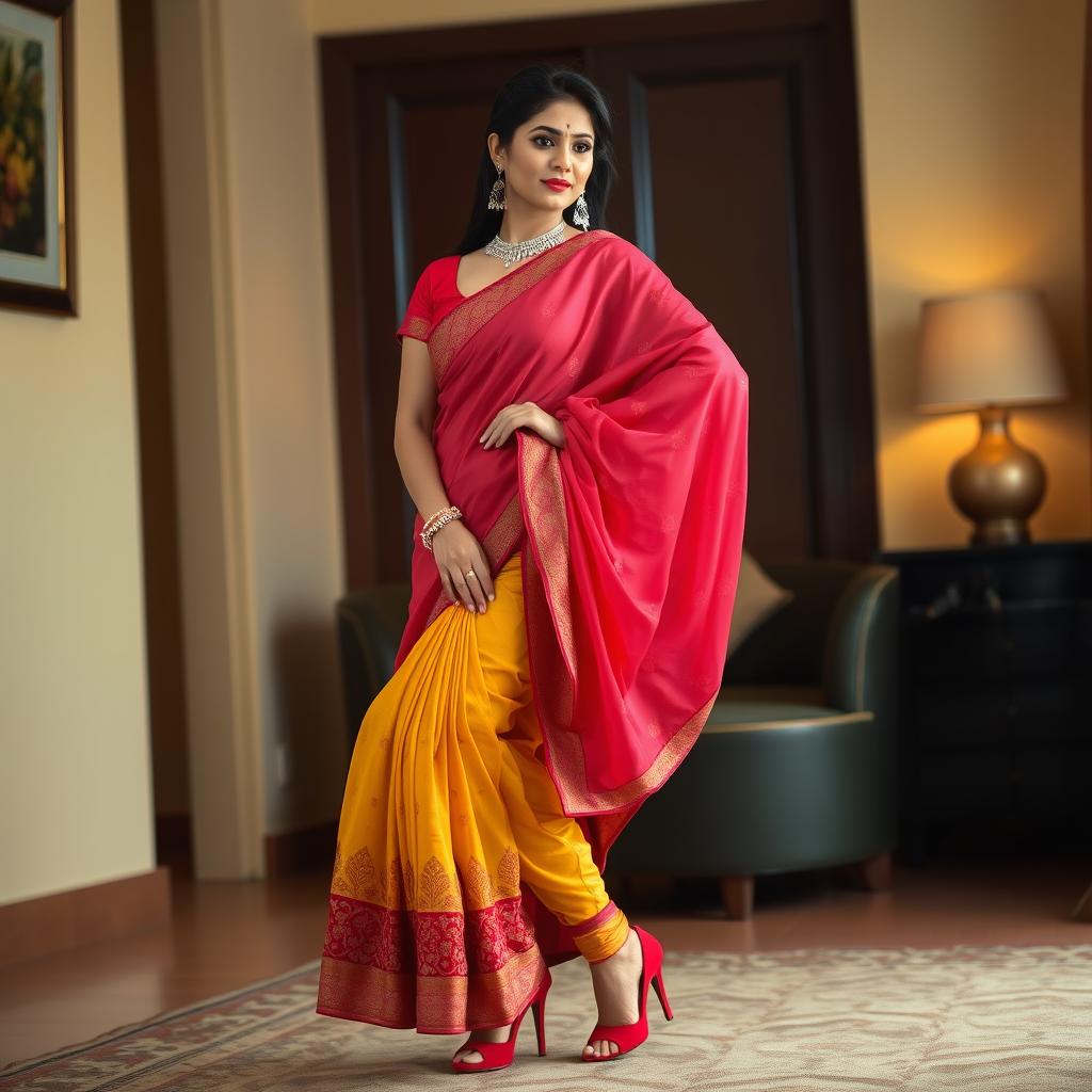 An Assamese woman in a graceful pose, wearing a beautifully styled Mekhela Chadar in rich colors